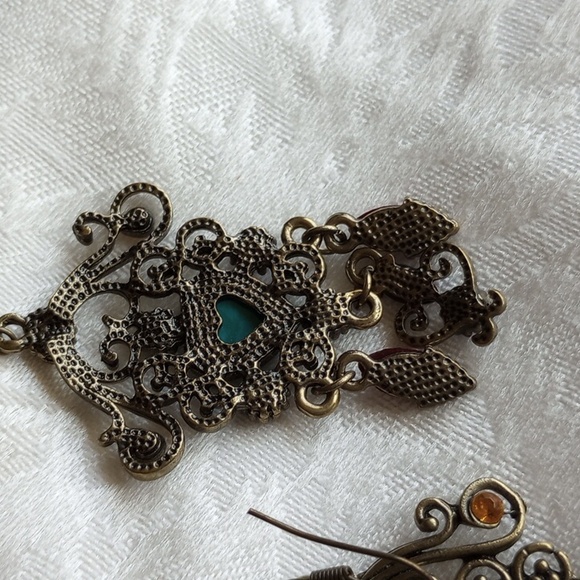 Colorful faux turquoise heart scrolls and dangling rhinestone hook earrings - Picture 4 of 5